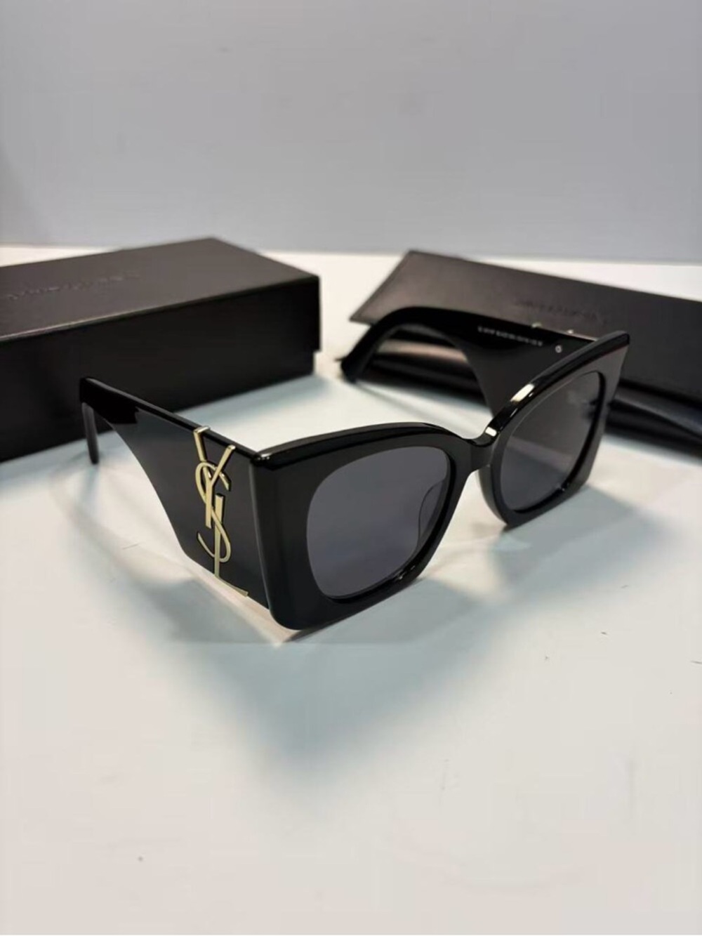 Saint Laurent Black Cat-Eye Sunglasses with Gold YSL Logo